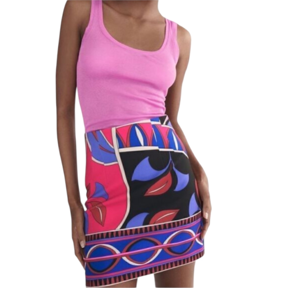 Zara High Waist Printed Mini Skirt | L | Pink Blue Black Pucci-Style | Waist 32" - Picture 1 of 9